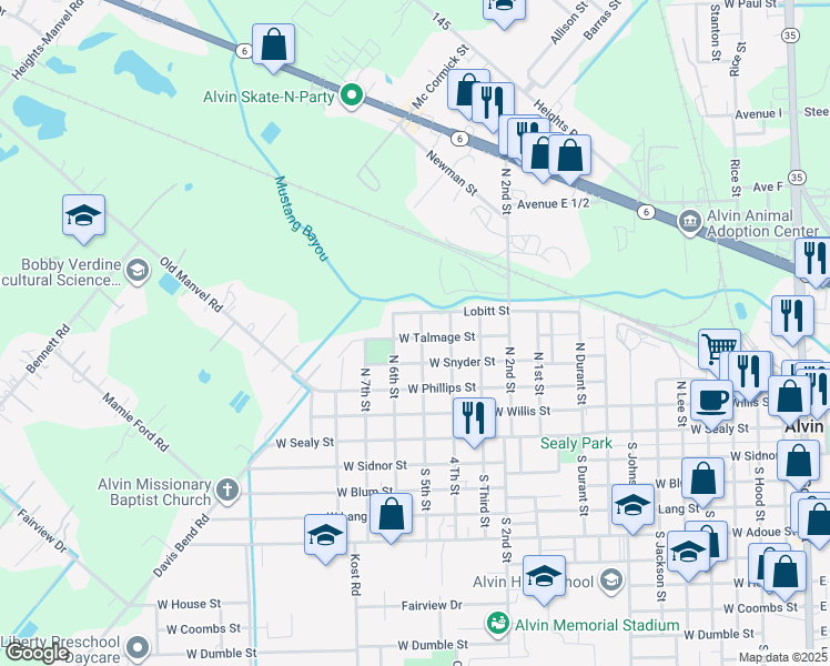 map of restaurants, bars, coffee shops, grocery stores, and more near 1502 West Talmage Street in Alvin