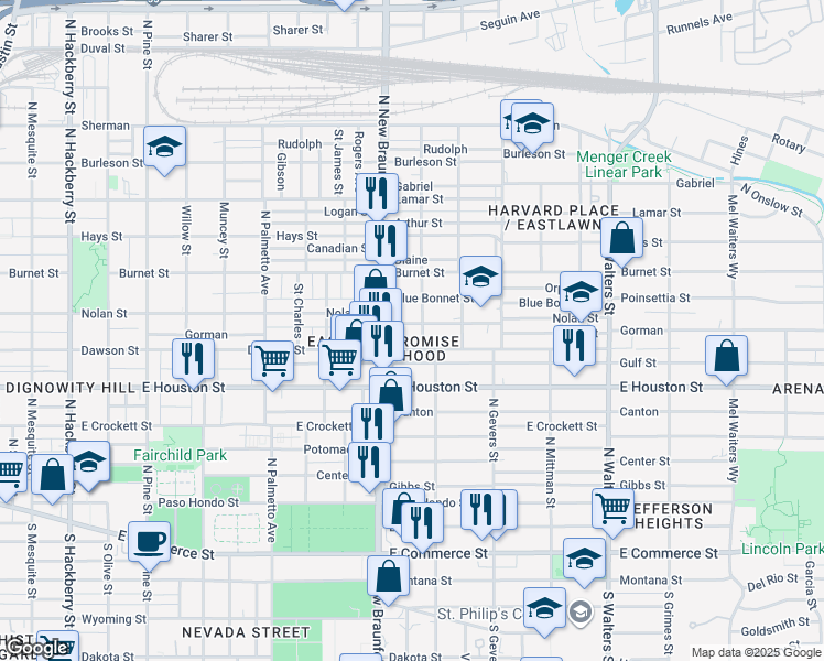 map of restaurants, bars, coffee shops, grocery stores, and more near 1630 Nolan Street in San Antonio