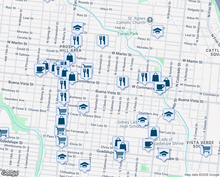map of restaurants, bars, coffee shops, grocery stores, and more near 100-148 South Sabinas Street in San Antonio