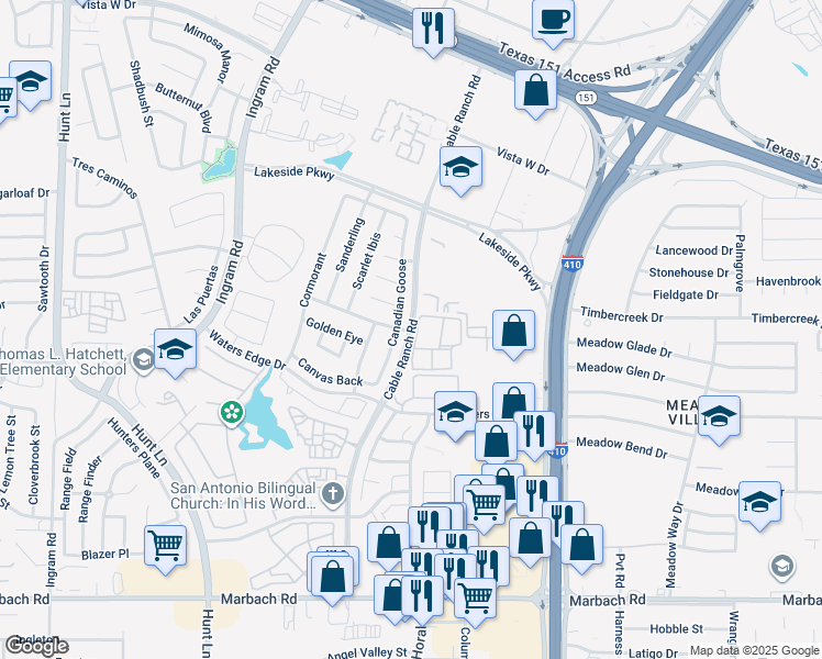 map of restaurants, bars, coffee shops, grocery stores, and more near 1526 Cable Ranch Road in San Antonio
