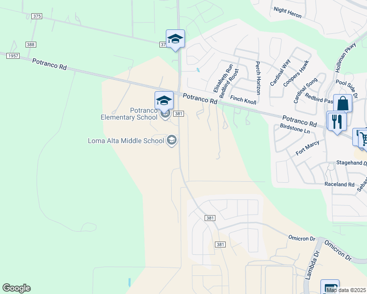 map of restaurants, bars, coffee shops, grocery stores, and more near 15556 Potranco Road in San Antonio