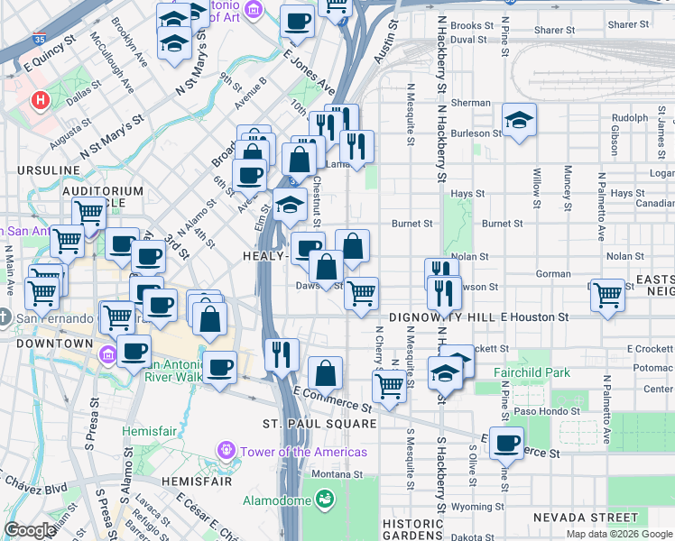map of restaurants, bars, coffee shops, grocery stores, and more near 314 Nolan Street in San Antonio