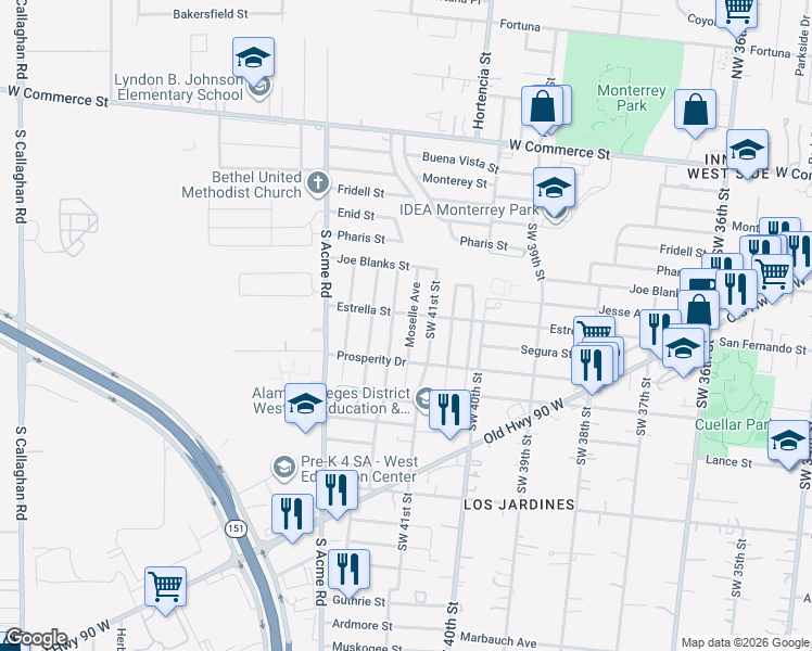 map of restaurants, bars, coffee shops, grocery stores, and more near 411 Moselle Avenue in San Antonio