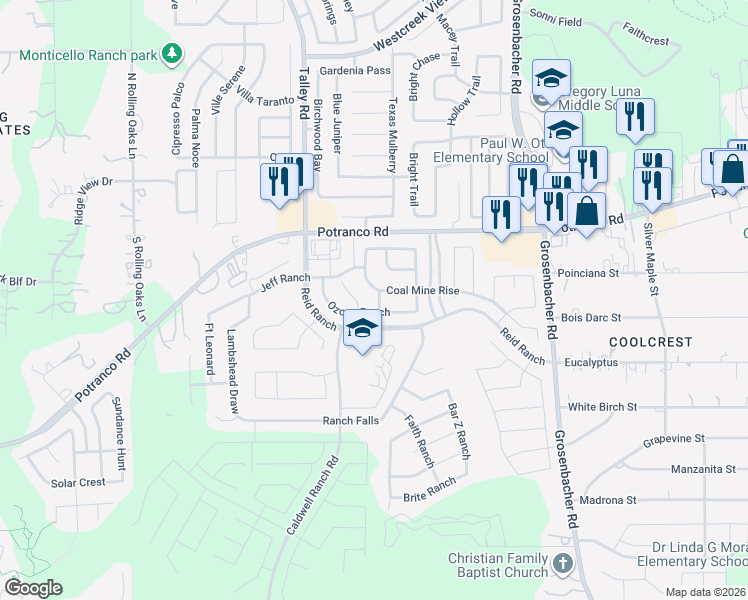 map of restaurants, bars, coffee shops, grocery stores, and more near 527 Blocker Ranch in San Antonio