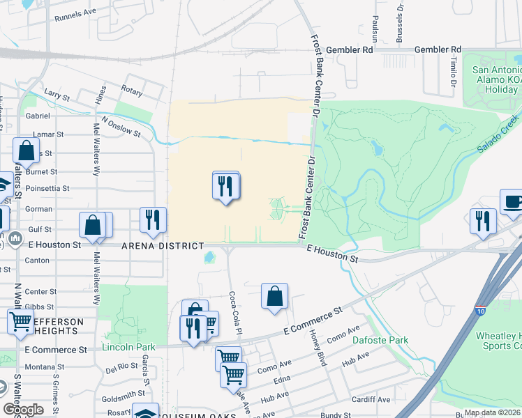 map of restaurants, bars, coffee shops, grocery stores, and more near 1 AT&T Center Parkway in San Antonio