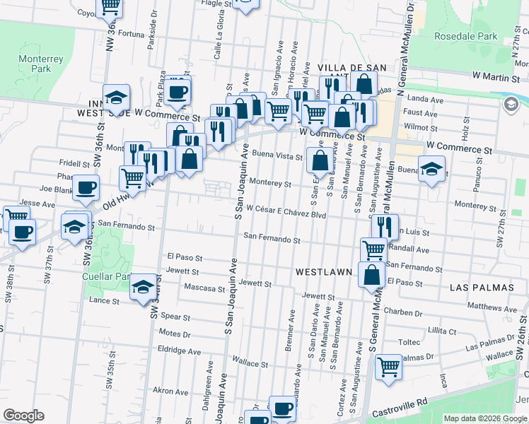 map of restaurants, bars, coffee shops, grocery stores, and more near 401 South San Horacio Avenue in San Antonio