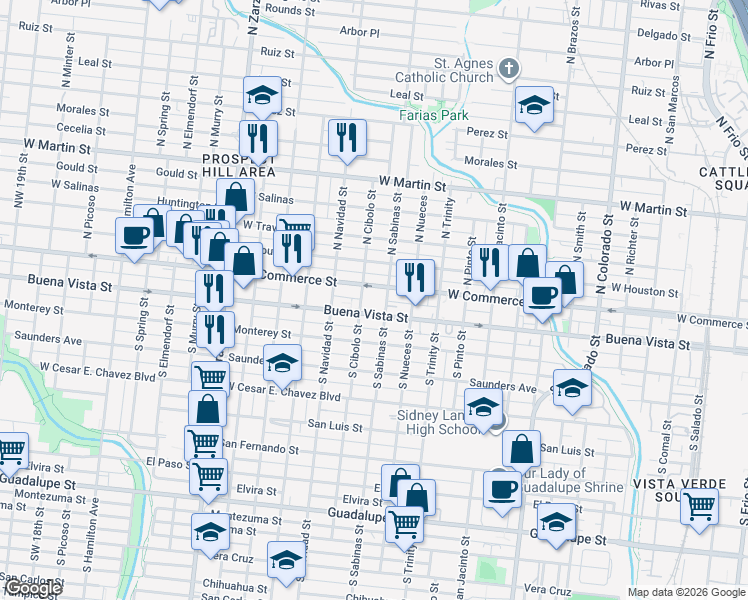 map of restaurants, bars, coffee shops, grocery stores, and more near 2300 West Commerce Street in San Antonio