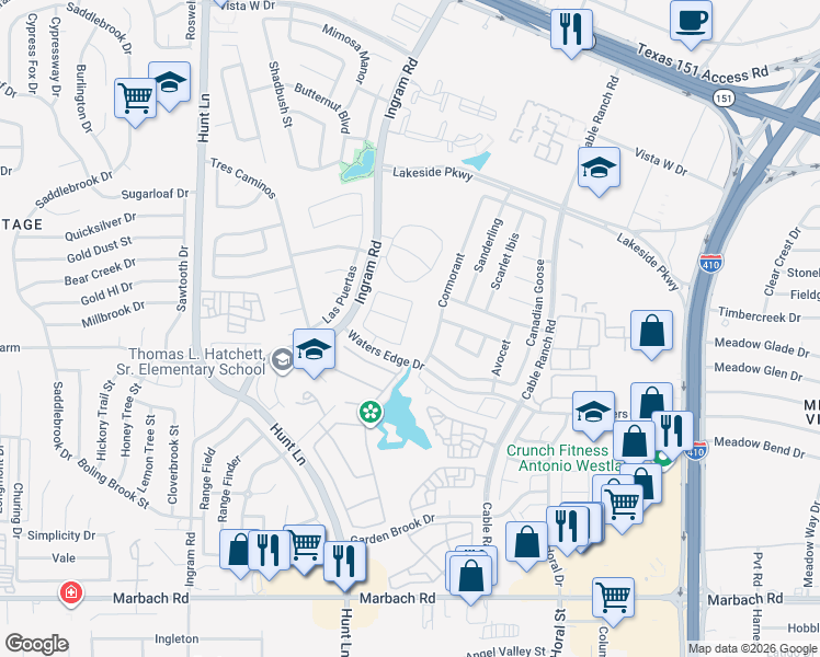 map of restaurants, bars, coffee shops, grocery stores, and more near 902 Bryson Meadow in San Antonio