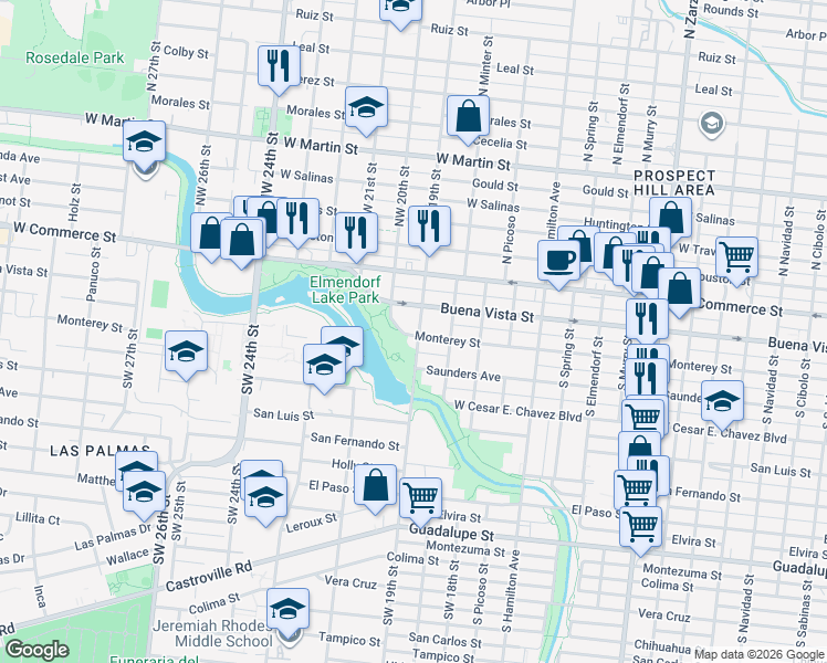 map of restaurants, bars, coffee shops, grocery stores, and more near 223 Southwest 19th Street in San Antonio
