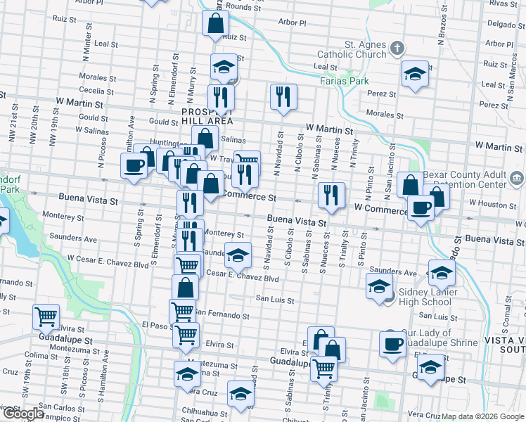 map of restaurants, bars, coffee shops, grocery stores, and more near 2223 Buena Vista Street in San Antonio