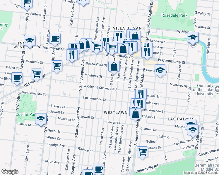 map of restaurants, bars, coffee shops, grocery stores, and more near 336 South San Eduardo Avenue in San Antonio