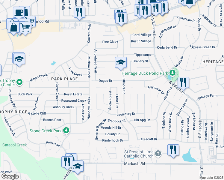 map of restaurants, bars, coffee shops, grocery stores, and more near 1006 Bridle Forest in San Antonio