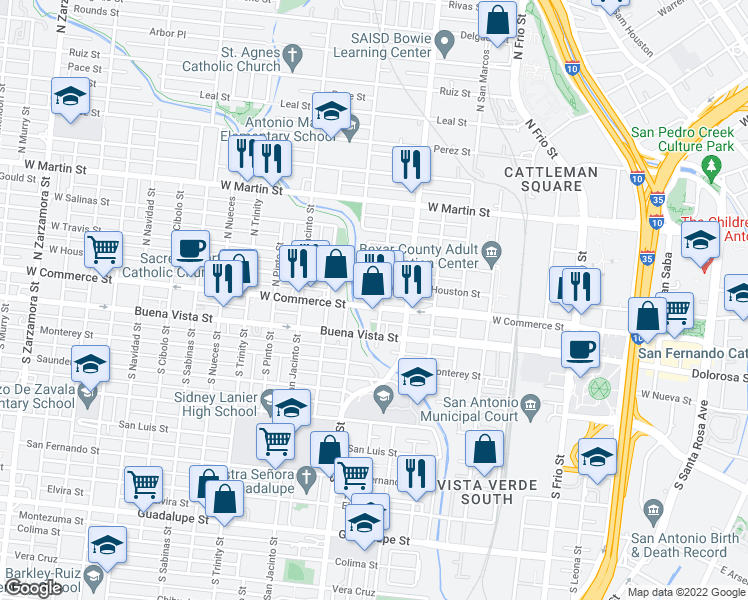 map of restaurants, bars, coffee shops, grocery stores, and more near 1607 West Commerce Street in San Antonio