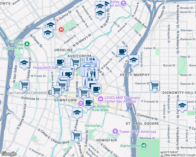 map of restaurants, bars, coffee shops, grocery stores, and more near 615 East Houston Street in San Antonio