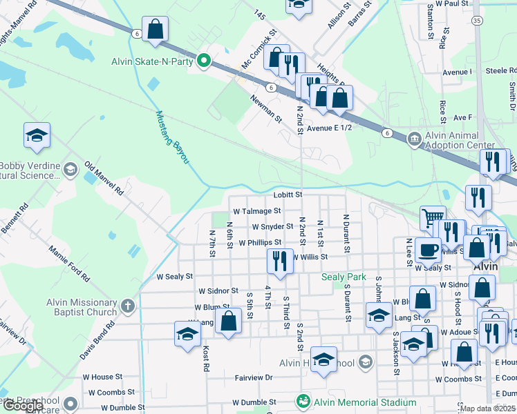 map of restaurants, bars, coffee shops, grocery stores, and more near 1306 West Talmage Street in Alvin