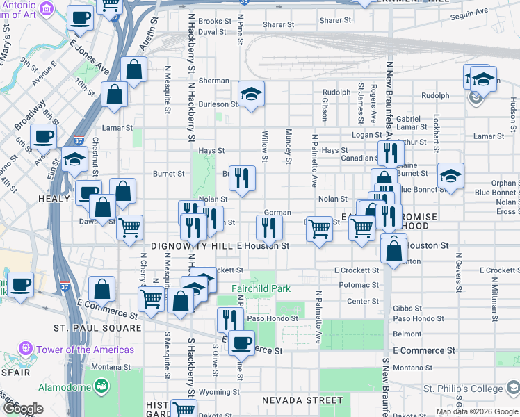 map of restaurants, bars, coffee shops, grocery stores, and more near 131 Gorman in San Antonio