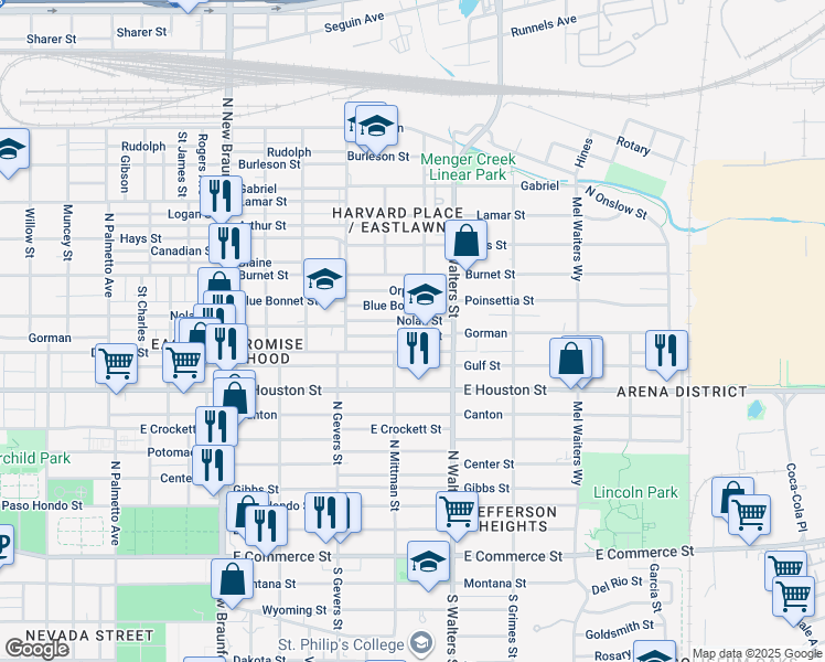 map of restaurants, bars, coffee shops, grocery stores, and more near 207 Eross Street in San Antonio
