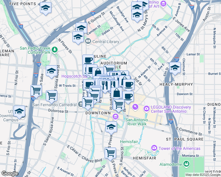 map of restaurants, bars, coffee shops, grocery stores, and more near 230 East Travis Street in San Antonio