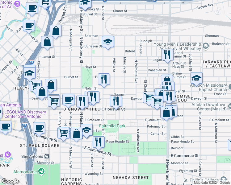 map of restaurants, bars, coffee shops, grocery stores, and more near 203 Gorman in San Antonio