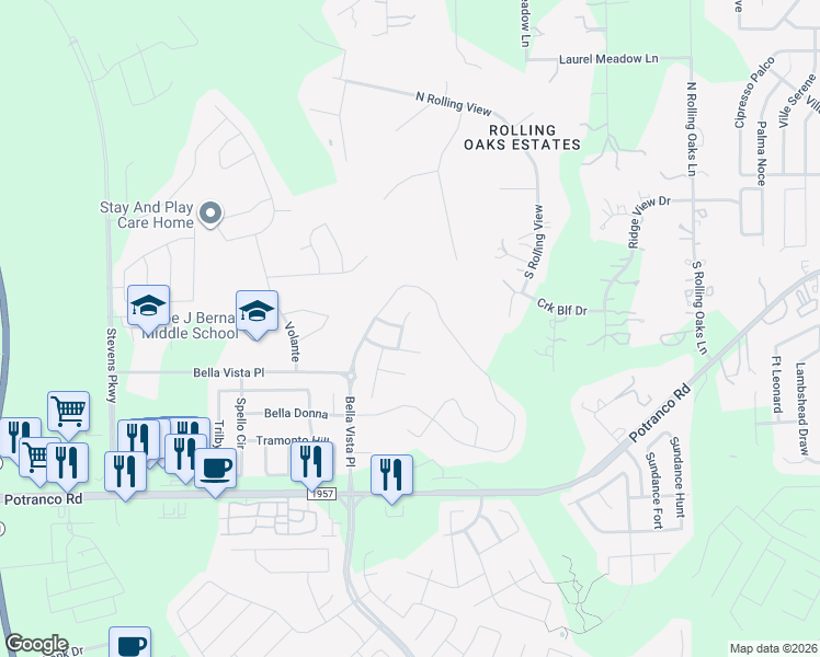 map of restaurants, bars, coffee shops, grocery stores, and more near 622 Colosseo Way in San Antonio