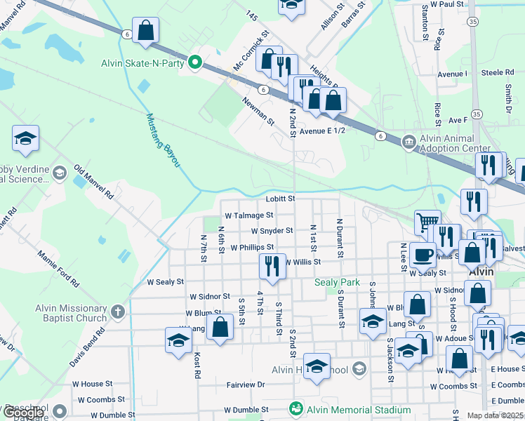 map of restaurants, bars, coffee shops, grocery stores, and more near 1306 West Talmage Street in Alvin