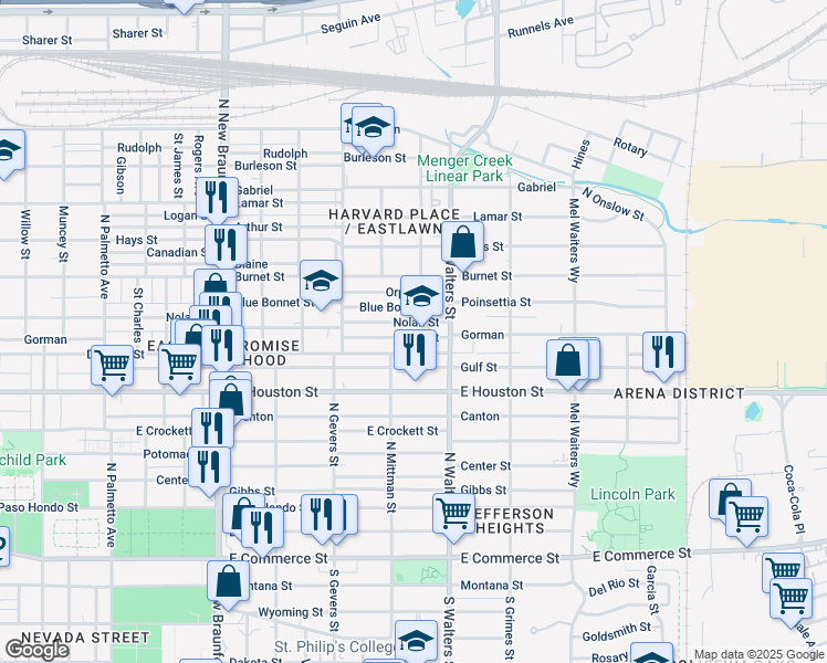 map of restaurants, bars, coffee shops, grocery stores, and more near 207 Eross Street in San Antonio
