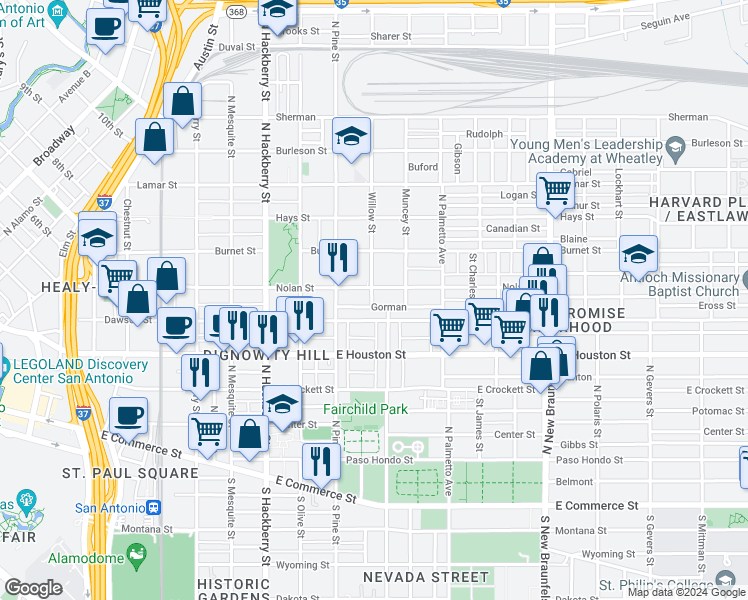 map of restaurants, bars, coffee shops, grocery stores, and more near 131 Gorman in San Antonio