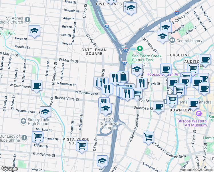 map of restaurants, bars, coffee shops, grocery stores, and more near 111 North Frio Street in San Antonio