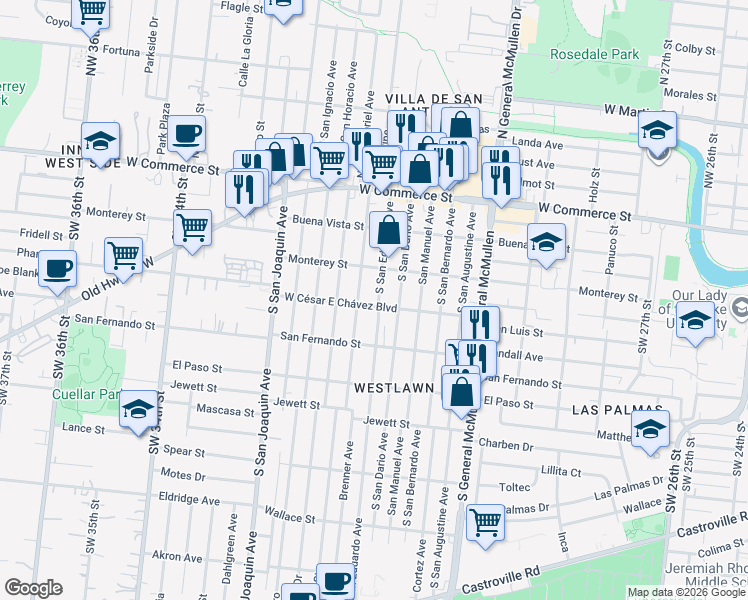 map of restaurants, bars, coffee shops, grocery stores, and more near 336 South San Eduardo Avenue in San Antonio