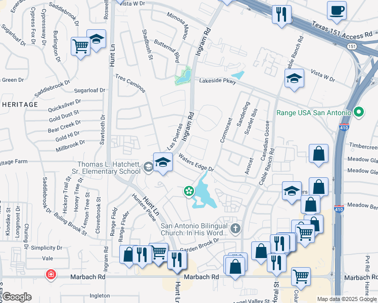 map of restaurants, bars, coffee shops, grocery stores, and more near 9046 Halbert Falls in San Antonio