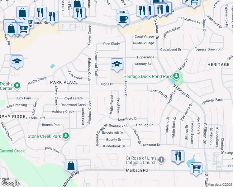 map of restaurants, bars, coffee shops, grocery stores, and more near 1006 Bridle Forest in San Antonio