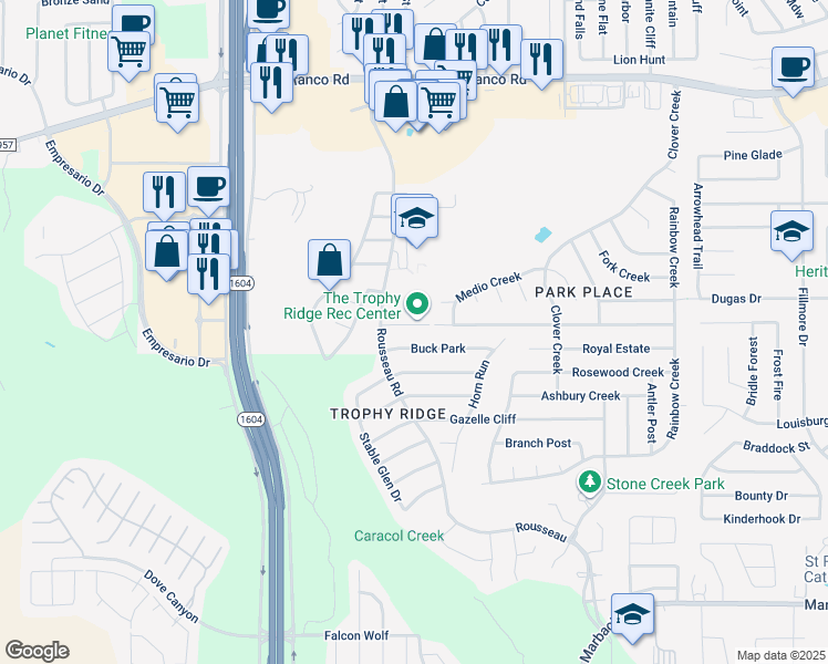map of restaurants, bars, coffee shops, grocery stores, and more near 10802 Manor Creek in San Antonio