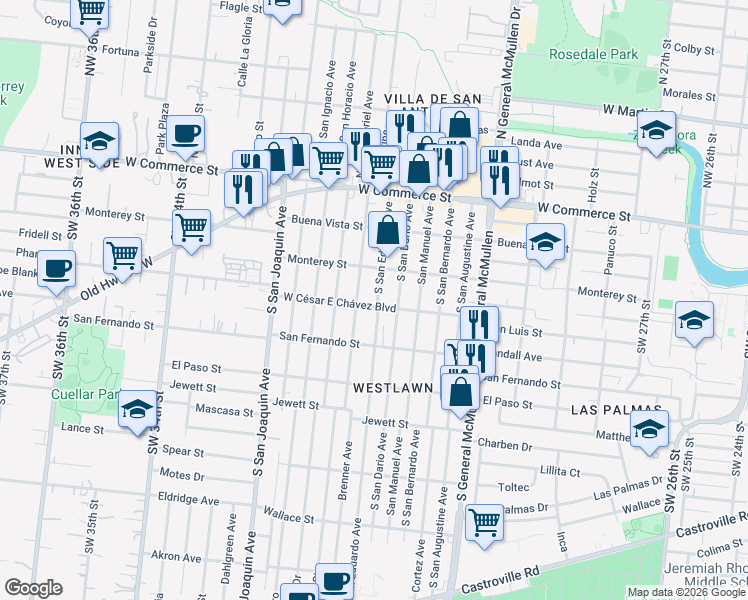map of restaurants, bars, coffee shops, grocery stores, and more near 336 South San Eduardo Avenue in San Antonio