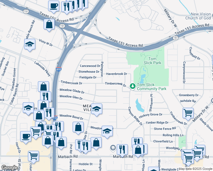map of restaurants, bars, coffee shops, grocery stores, and more near 7362 Timbercreek Drive in San Antonio