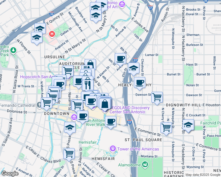 map of restaurants, bars, coffee shops, grocery stores, and more near 425 Bonham in San Antonio