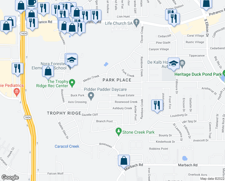 map of restaurants, bars, coffee shops, grocery stores, and more near 10434 Manor Creek in San Antonio