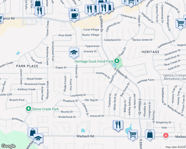 map of restaurants, bars, coffee shops, grocery stores, and more near 10402 Aristocrat Street in San Antonio