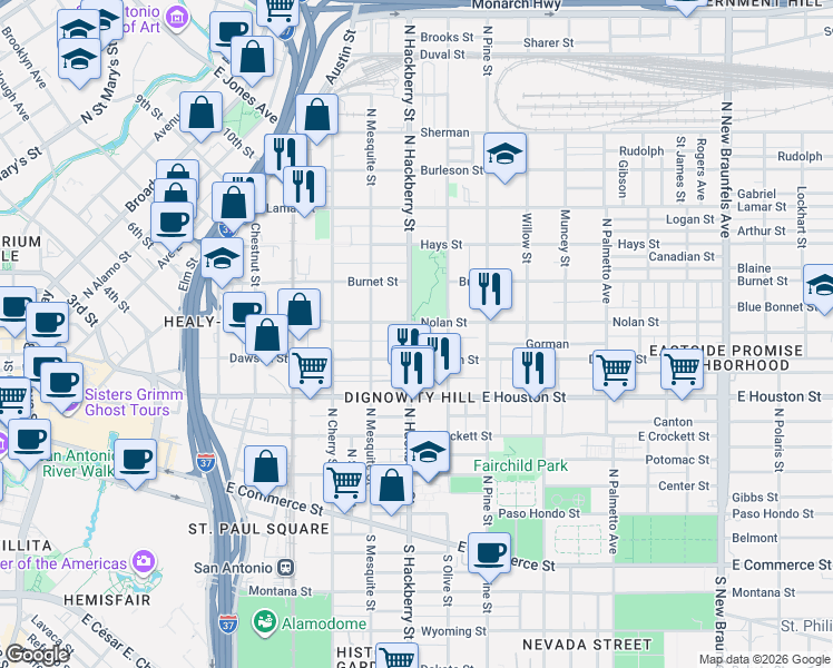 map of restaurants, bars, coffee shops, grocery stores, and more near 618 North Hackberry Street in San Antonio
