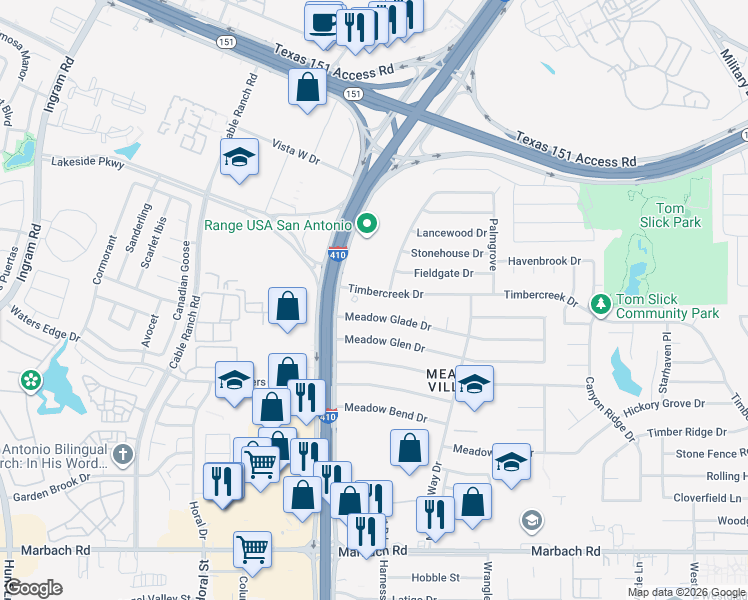 map of restaurants, bars, coffee shops, grocery stores, and more near 7492 Timbercreek Drive in San Antonio