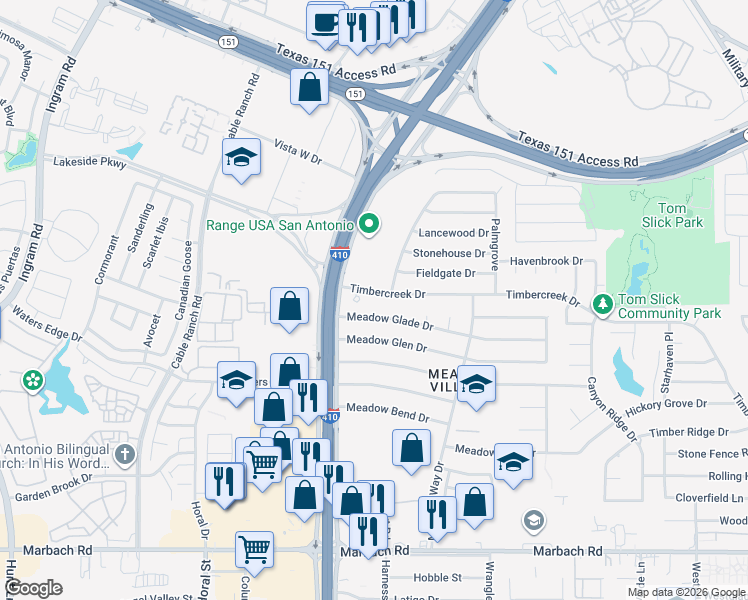 map of restaurants, bars, coffee shops, grocery stores, and more near 7492 Timbercreek Drive in San Antonio