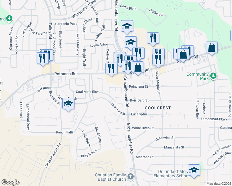 map of restaurants, bars, coffee shops, grocery stores, and more near 12327 Fort Chadborne in San Antonio