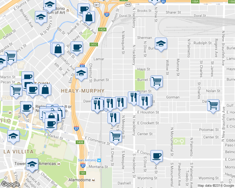 map of restaurants, bars, coffee shops, grocery stores, and more near 516 Nolan in San Antonio