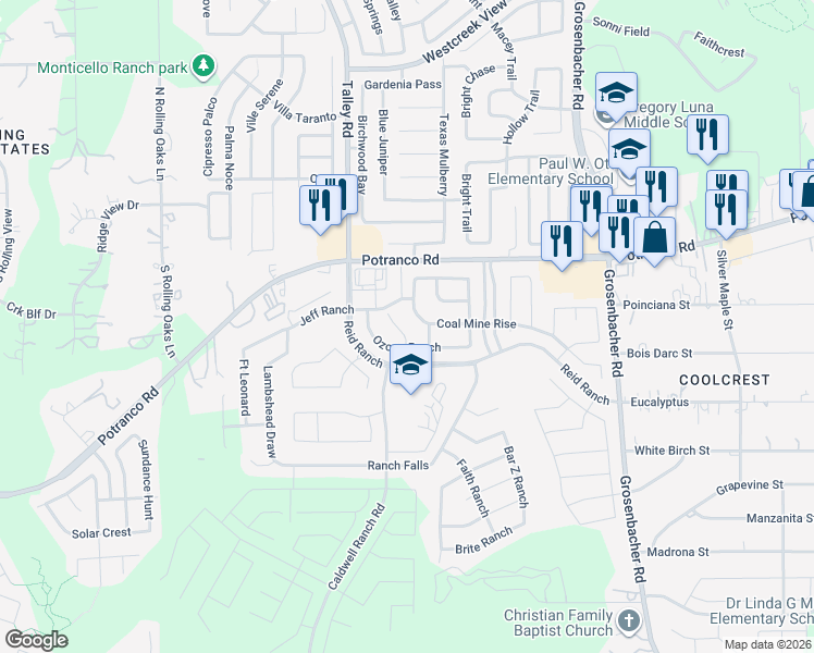 map of restaurants, bars, coffee shops, grocery stores, and more near 527 Blocker Ranch in San Antonio