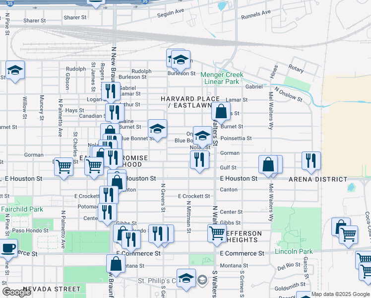 map of restaurants, bars, coffee shops, grocery stores, and more near 127 Eross Street in San Antonio
