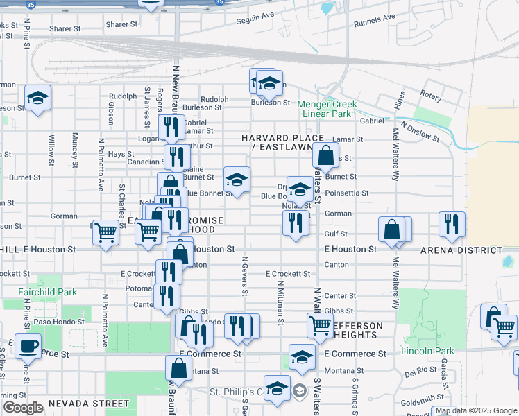 map of restaurants, bars, coffee shops, grocery stores, and more near 127 Eross Street in San Antonio