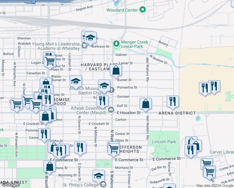 map of restaurants, bars, coffee shops, grocery stores, and more near 1507 Gorman in San Antonio