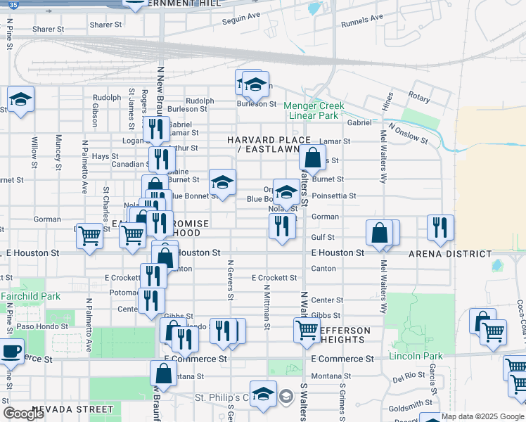 map of restaurants, bars, coffee shops, grocery stores, and more near 127 Eross Street in San Antonio