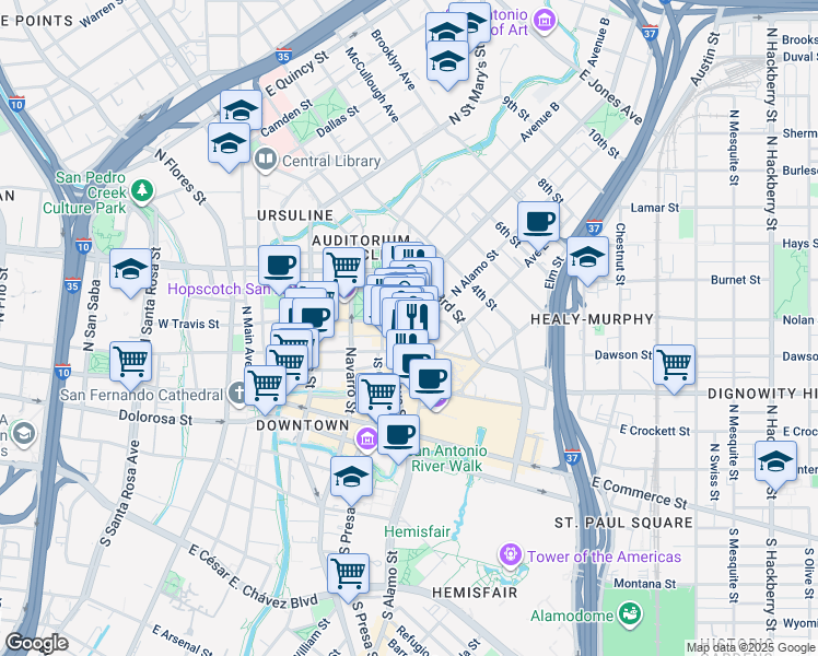 map of restaurants, bars, coffee shops, grocery stores, and more near 519 East Houston Street in San Antonio