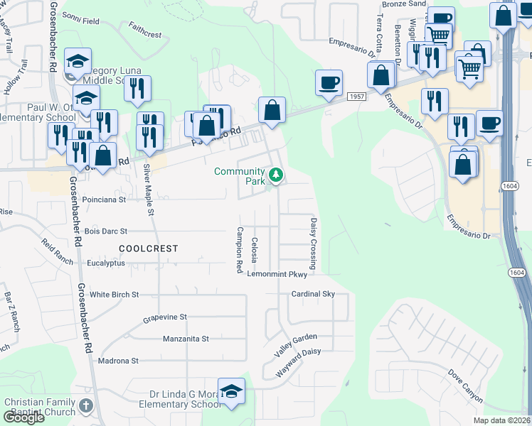 map of restaurants, bars, coffee shops, grocery stores, and more near 626 Chamomile in San Antonio