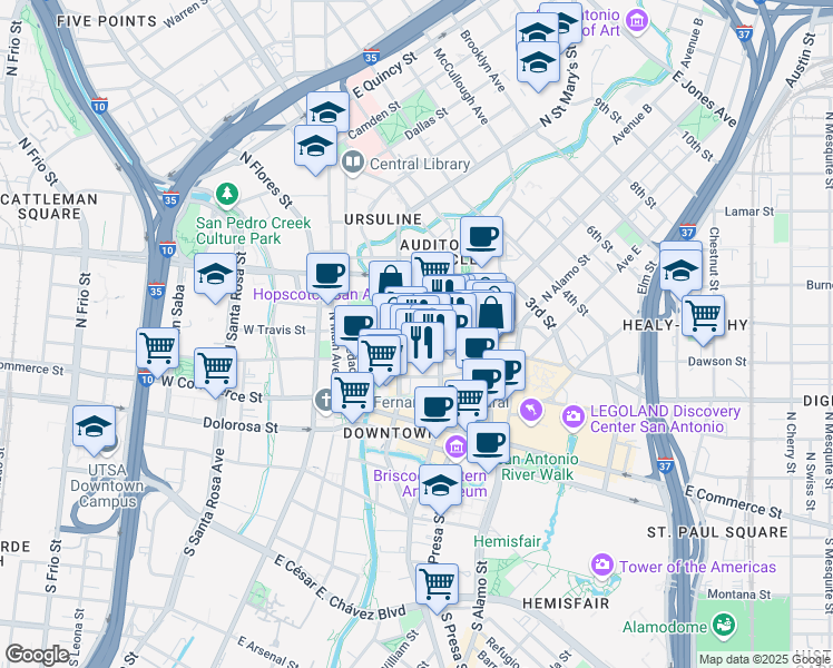 map of restaurants, bars, coffee shops, grocery stores, and more near 230 East Travis Street in San Antonio
